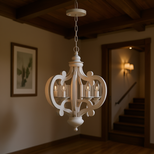 <b>White</b> Wood 6-Light Farmhouse Pendant <b>Chandelier</b> Adjustable Chain For Dining Room Living Room Entryway E26 Bulb Not Included - Product Image 2