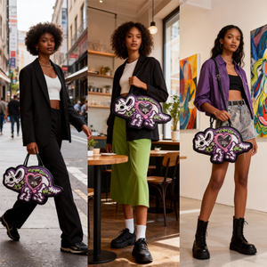 Sac Ita personnalisé en forme de squelette de dinosaure, violet, style gothique, triangulaire, avec fenêtre en forme de cœur pour l'affichage des épingles - Product Image 4