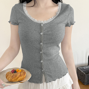 Camiseta de Manga Larga de Punto Calado con Botones y Ribete de Encaje para Mujer, Estilo Casual, Ajustada, Elegante y Urbana - Product Image 1