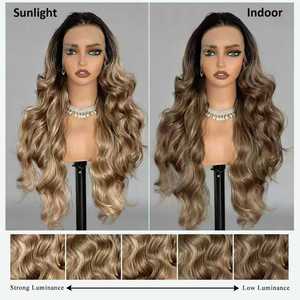 Pelucas sintéticas con encaje frontal, 13*6, parte suiza libre, pre-arrancadas, largas, rizadas, con ondas sueltas, raíz negra, color lino, rubias - Product Image 5