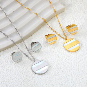 Ensemble de bijoux en coquillage blanc rond de style européen et américain pour femmes, collier et boucles d'oreilles à design géométrique pour un usage quotidien - Product Image 2