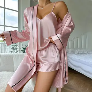 Ice Silk Pajamas Women's Halter Shorts Nightgown Three-piece Sleepwear Summer Comfort Outside Home Wear