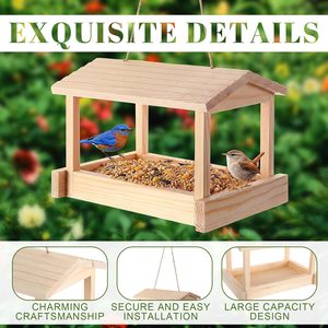 ที่ให้อาหารนกไม้ 25x17x17 ซม. แบบแขวนสำหรับสวนกลางแจ้ง สีไม้ธรรมชาติ ความจุ 3.4 ลิตร - Product Image 3