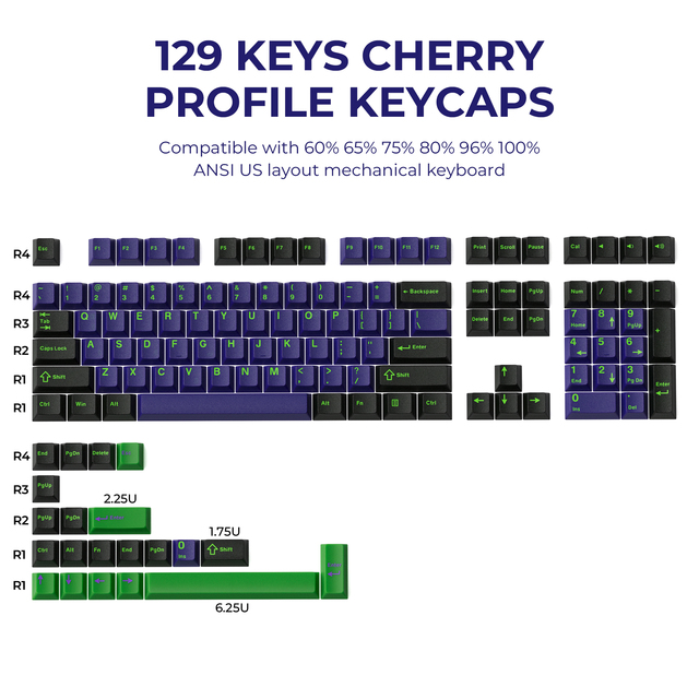 XVX PBT Gaming Keycaps Purple English Language Cherry Profile Full Set (129-Key) DIY Mechanical Keyboard Keycap Set