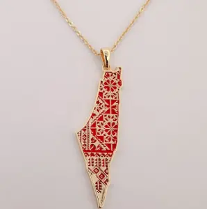 Popular Palestine Map Pattern Necklace Gold Plated Sterling Silver Map of Palestine in Cross red Stitch Pattern jewelry in 2024