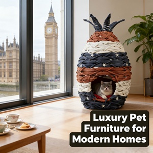 Casa para Mascotas de Ratán Tejida a Mano de Primera Calidad, Cama para Perros y Gatos, Cueva con Diseño de Bandera Estadounidense, Estrellas y Rayas, Tema Patriótico de EE. UU., Mimbre Acogedor para Interiores - Product Image 5