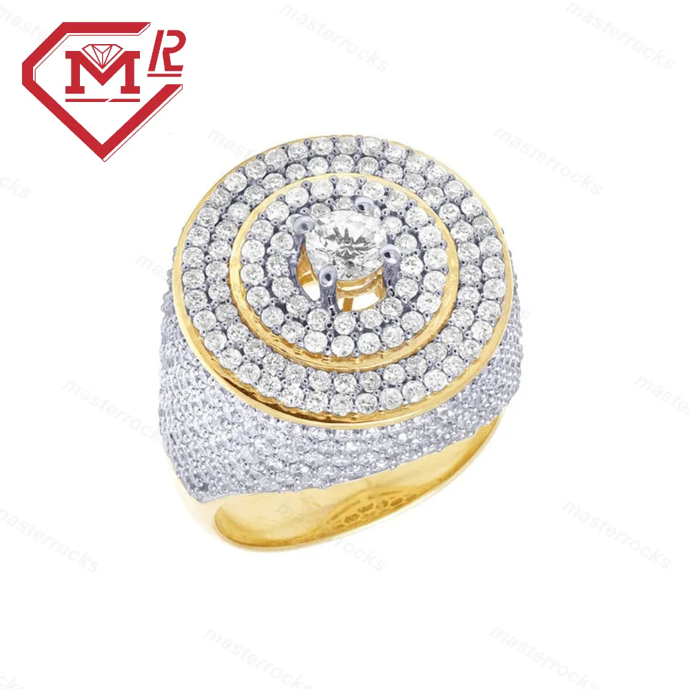 High Quality Hip Hop Iced Bling Out Round Shape 18k Gold Plated Sterling Silver VVS Moissanite Rings