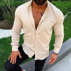 2024 New Men Casual Cotton Linen Shirt Long Sleeve Loose Blouse Button Down Shirt Men's Solid Color Shirt Plus Size Outing Top