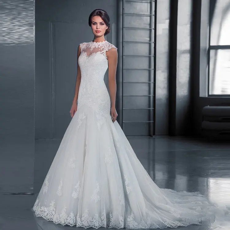2021 Wedding Evening Dress Lace Elegant White Fish Tail Backless Bridal Wedding Dress Plus Size Evening Dress