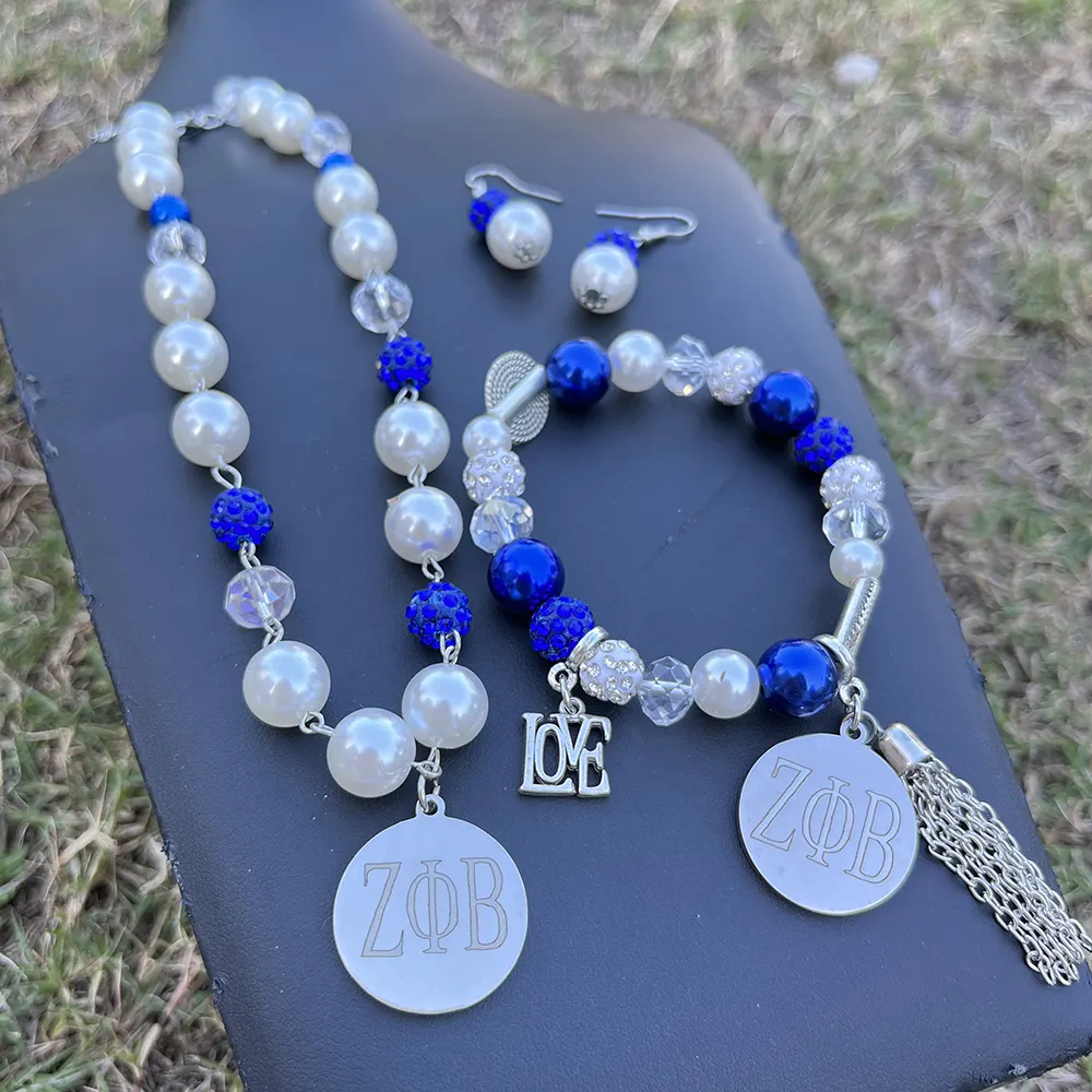 Greek Logo Sorority Zeta Phi Beta white blue pearl ZOB Stainless Steel Necklace Bracelet Earrings Set