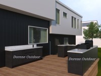 Cuisine BBQ extérieure noire, station de grillage monochrome élégante pour encadrer les zones de repas de jardin avec une ambiance de soirée de style restaurant