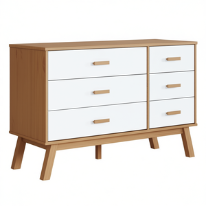 Cassettiera in Legno Massello Bianco e Marrone Stile Mid-Century Moderno con 6 Cassetti per Soggiorno - Product Image 1