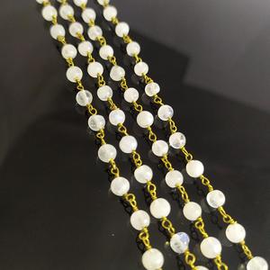 Natural Rainbow Moonstone Smooth 3mm Round Beaded Brass Wire Wrapped Handmade <b>Rosary</b> Chain - Product Image 3
