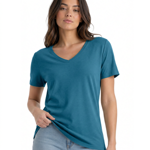 Camiseta de Manga Corta con Cuello en V para Mujer, Color Sólido, Corte Regular, Jersey de Poliéster/Algodón, Transpirable, Ropa Casual de Verano, 220g - Product Image 1