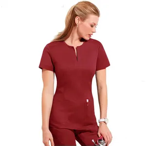 Borgonha Mulheres Enfermeira Stretch Scrubs Conjunto Uniformes Envoltório Mock Enfermagem Scrubs Top Drawstring Calças Cargo