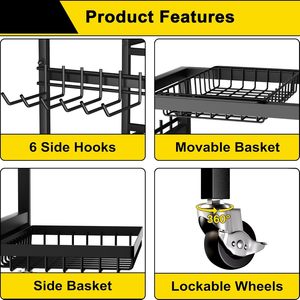 Multipurpose Portable <b>Storage</b> <b>Cart</b> 3 Tiers Black Rolling Rack For Bedroom Living Room Fitness Equipment Organization - Product Image 4
