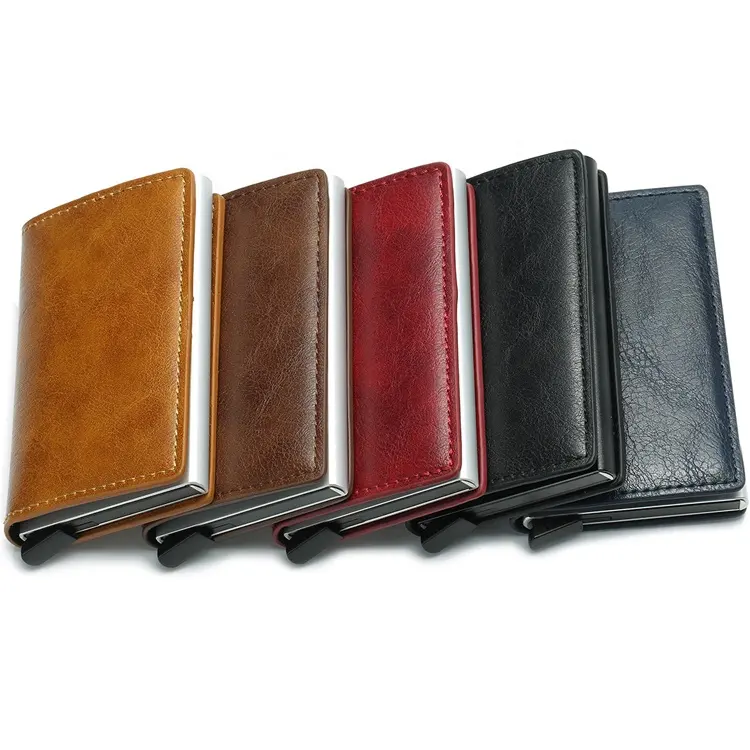 Hot Selling RFID Blocking Automatic Aluminum Business Card Holder Pu Leather Pop Up Wallet