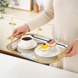 Rectangle Metal Serving Tray with <b>Gold</b> Inlay Handles Polished Glam Design for Party Dishes & Plates - Product Image 3