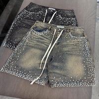 Soldes : Short en jean baggy pour homme, taille mi-haute, tissé, orné de strass, délavé, avec cordon de serrage, détails perles, style Y2K, streetwear, décontracté, été, quotidien