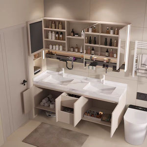 Modern Solid Wood Lacquer Bathroom Vanity <b>Unit</b> with Ceramic Basin Smart Mirror <b>Side</b> Storage Cabinet Combination - Product Image 2