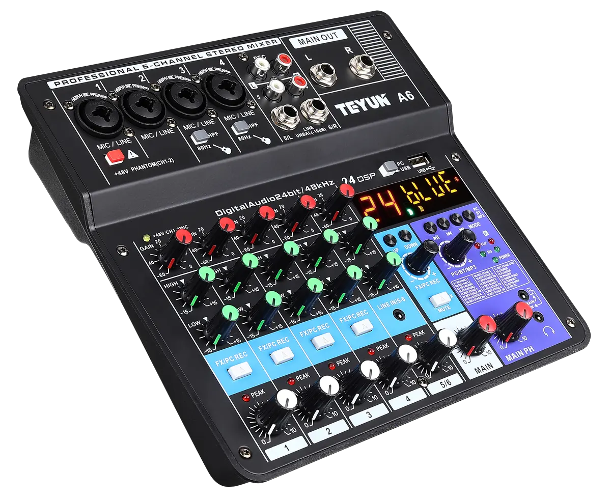 TEYUN A6 Professional 6 Channel Audio Stereo Mixer with Digital Sound Card DJ Mixer Usb Audio Interface PC Black Metal 2 Piece