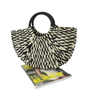 Hot Sale Eco-friendly Wheat Straw Handmade Bag Half Round Beach Bags Simple Rainbow Woven Handbags for Women