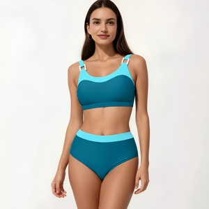 Conjunto de bikini de dos piezas para mujer con bloques de color, top bandeau con cuello redondo, braga de cintura alta y ribete en contraste, traje de baño elástico - Product Image 1