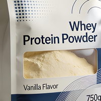 Sachet à soufflet autoportant en gros pour poudre de protéines de qualité alimentaire, idéal pour le supplément de whey saveur vanille, avec logo personnalisé pour le fitness