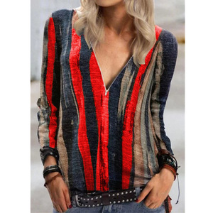 フロントショートとロングバックブラウストップススリム長袖シャツレインボーストライプ女性ブラウス - Product Image 3