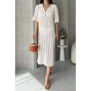 Robe en tricot ajouré à col en V, ample, respirante, décontractée pour tous les jours, blanche - Product Image 2