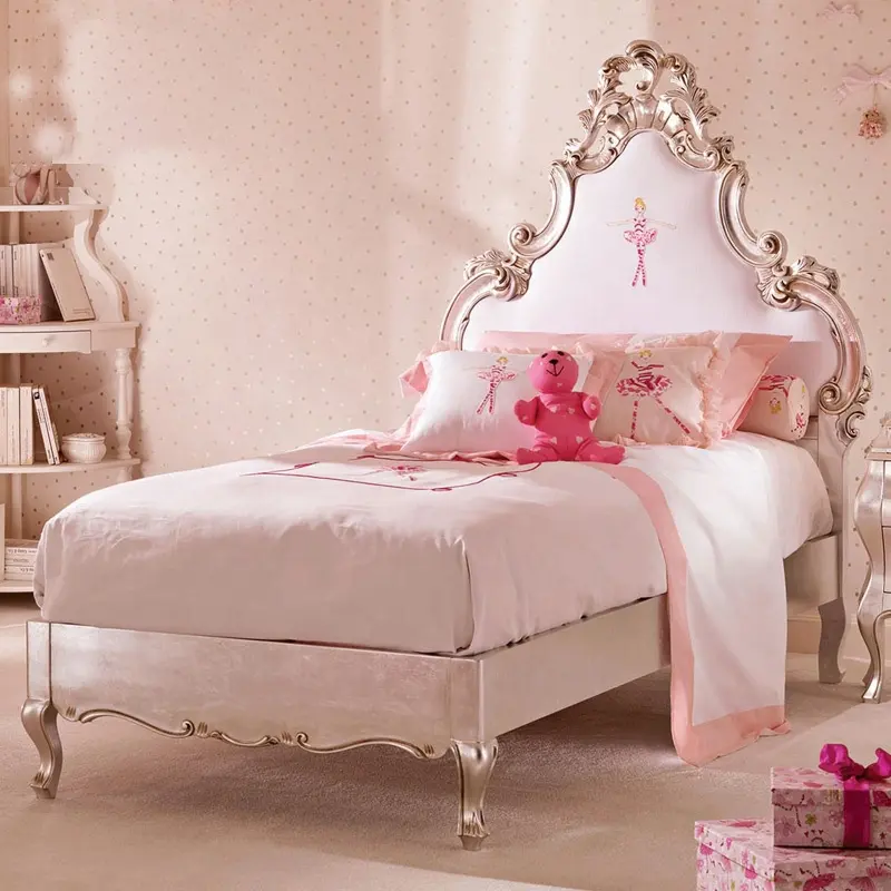 Top Grade Classical Pink Princess Bed Wooden Hand Carved Children Bedroom Furniture Set
