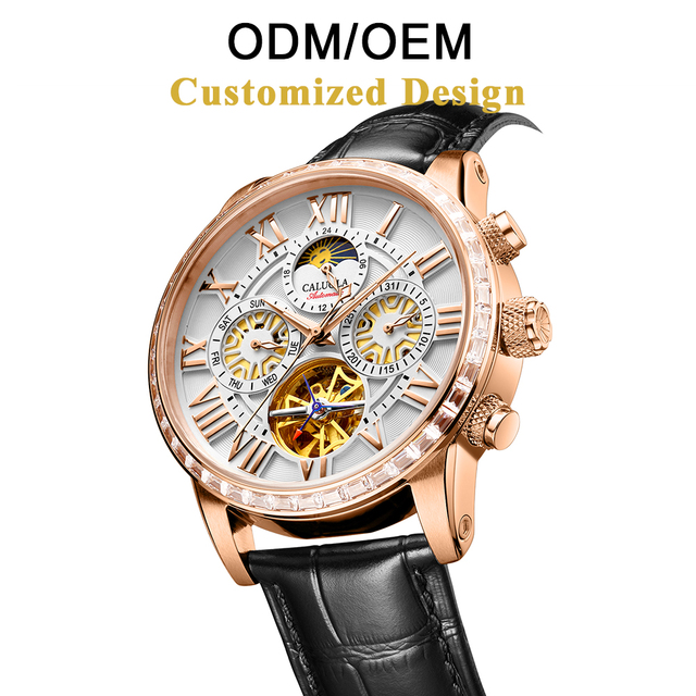 ODM/OEM Caluola Automatic Mechanical Watch Tourbillon Hollow Flywheel Skeleton Stainless Steel Analog Sapphire Water Resistant