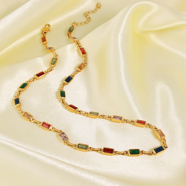 New Arrival Dainty Multi Color Gemstone Layered Necklace Waterproof Jewelry Rectangle Colorful Cubic Zircon Link Chain Necklace