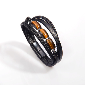 Custom <b>Leather</b> Hand-Woven Multi-Layer <b>Bracelet</b> For Men Tiger Eye Stone Retro Stainless Steel Buckle 7.5 8.5 9 Inches Gift - Product Image 4