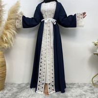 1498 # élégant bleu marine devant ouvert Abaya jolie dentelle blanche à fleurs à manches longues Abaya longue Robe pour les femmes musulmanes 2XL 3XL limité