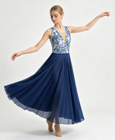 Robe de ballet longue en mousseline de soie à sequins et dentelle, sans manches, décolleté en V profond, pour femmes, costume de danse lyrique contemporaine professionnelle, en spandex