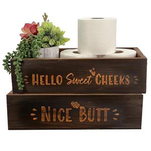 Porta carta igienica in legno massello casale portaoggetti e decorazioni per il bagno (marrone) - Product Image 1