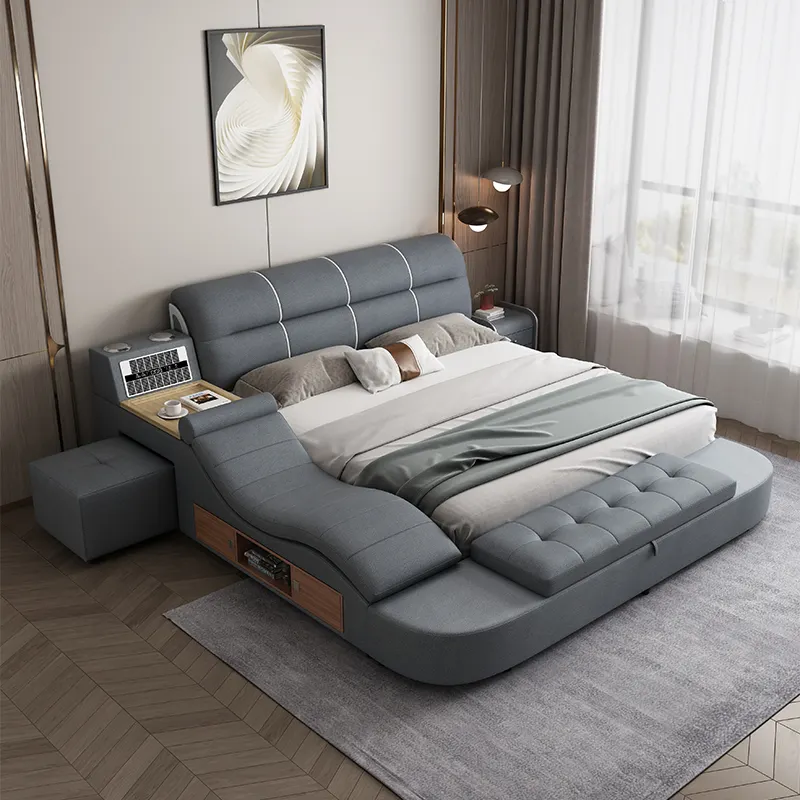 Letto intelligente King Queen Tatami in pelle di alta qualità di lusso letto con struttura in legno massello imbottito letto multifunzionale con massaggio