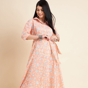 Peach Color Blue A-line Knee-Length Cotton <b>Dress</b> Floral Printed Turn-down Collar Long Sleeves Tie-ups Flared Hem Garment Dyed - Product Image 1