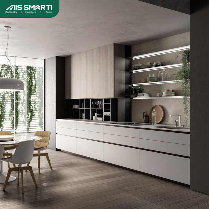 AIS 2025 Modural Pure Beige Kitchen Furniture Modern Solid Wood Custom ...