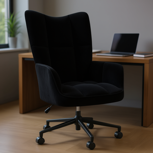 Chaise de bureau en velours noir avec dossier capitonné et base pivotante pour la détente dans un environnement de bureau - Product Image 2