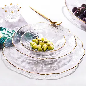 New Household Nordic Style Hammered Glass Plate Dinner Flat Plate Irregular Fruit Plate Red Salad Bowl