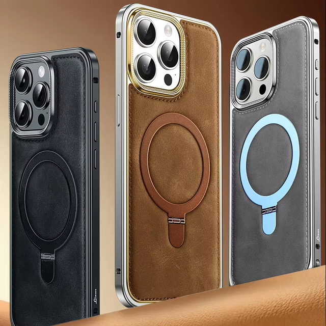 New Arrival Kickstand Spring Buckle Metal Frame Magnetic Wireless Charging Pu Leather Phone case for iphone 17 air 16 15 Pro Max