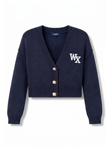 Cropped Style Oversized Knit <strong>Cardigan</strong> <strong>Navy</strong> Blue Custom Logo Knitwear Embroidery Style Short <strong>Cardigan</strong> for Women - Product Image 1