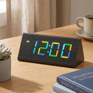 Reloj <span class=keywords><strong>Despertador</strong></span> Digital LED RGB con Pantalla de Temperatura y Humedad Inteligente Electrónica, Escritorio Triangular de Madera Snooze, Decoración para el Hogar EMAF - Product Image 1