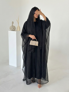 Abaya noire à pois transparente de luxe personnalisée Leduo avec hijab assorti - Robe kaftan élégante et modeste - Product Image 2