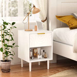 Modern White Nightstand 22.83 H One Drawer <b>Open</b> Shelf Gold Accented Handle Bedroom Decor - Product Image 2