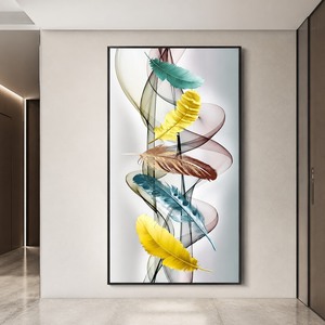 金色白色羽毛墙壁艺术印刷品垂直抽象植物画适合入口、卧室、酒店、平静的现代室内空间 - Product Image 3