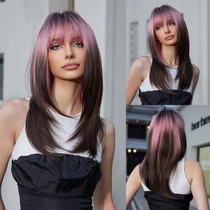 Nouvelle perruque longue et droite à franges, style punk, dégradé rose et brun foncé, couvrant entièrement la tête, sans lacets, pour cosplay - Product Image 2