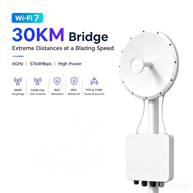 WiFi7 5764Mbps 6GHz 30KM Long Range High Power Paraboloid Antenna Outdoor Point to Point P2P Waterproof Wireless Bridge